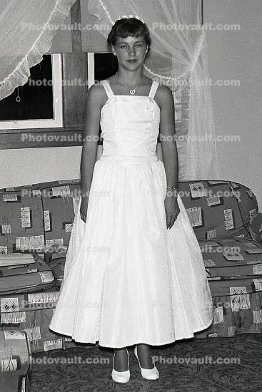 Girl, Sofa, Curtains, formal dress, prom, 1950s