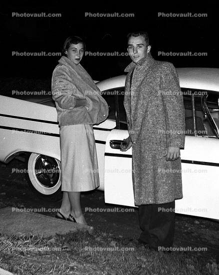 Fur Coat, Dress, Woman, Man, Car, Automobile, Vehicle, 1950s