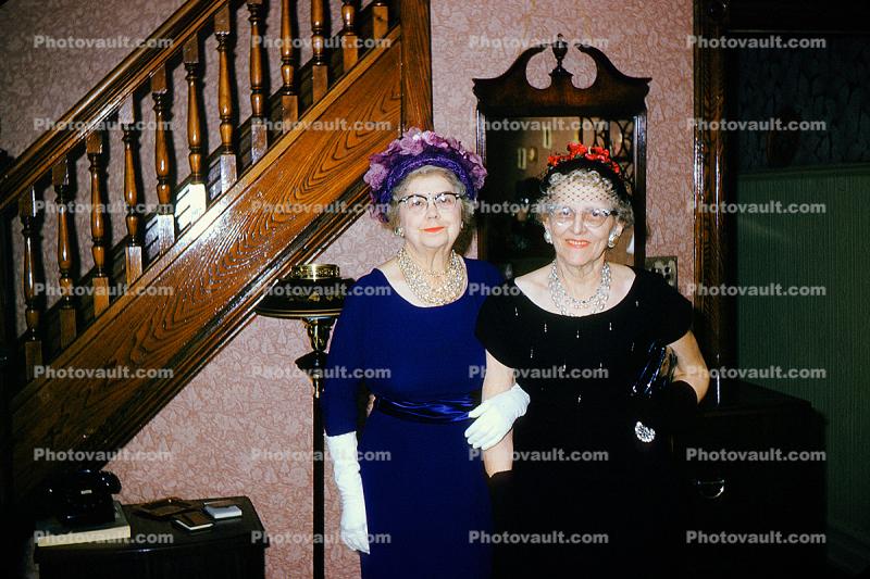 Friends, Women, Hats, Stairs, Staircase, Telephone, Gloves, 1950s