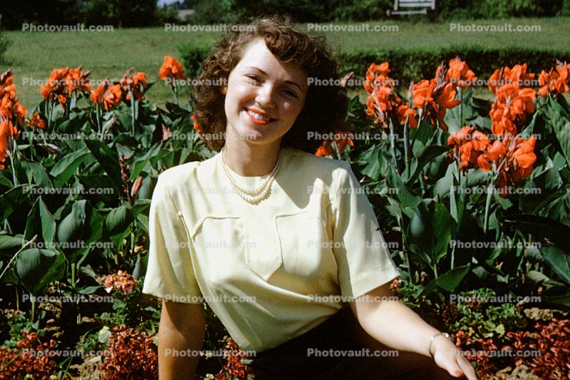 Woman, Smiles, happy-go-lucky, gardens, 1950s