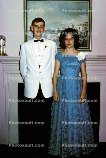 Prom NIght, Couple, Corsage, flower, gardenia, dress, bow tie, formal jacket, 1950s