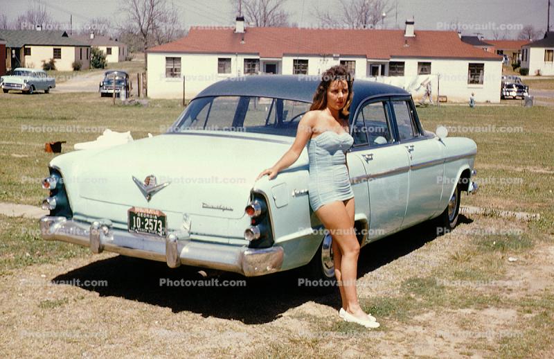 Lady, Woman, Swimsuit, Car, 1955 Dodge Coronet Lancer Hardtop, Automobile, Vehicle, 1950s
