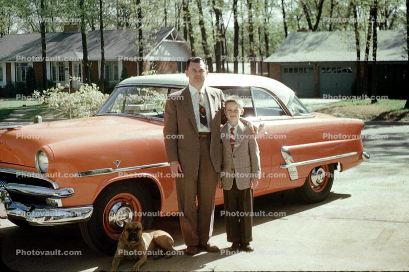 Father and Son, Ford, Car, vehicles, 1950s