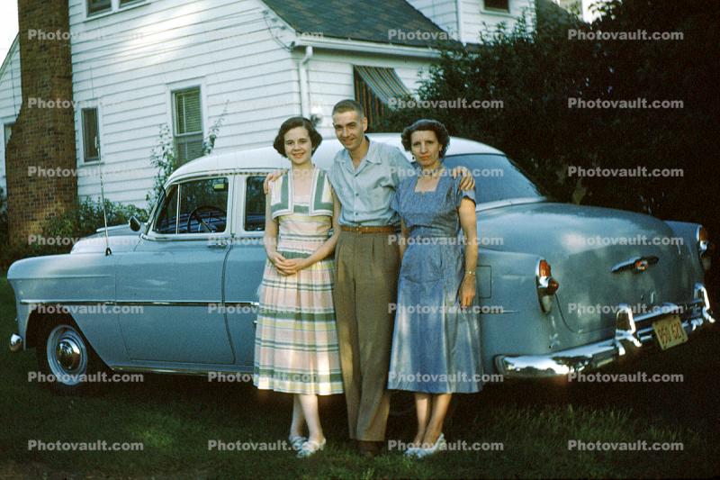 Women, Man, friends, dress, pants, shirt, Car, vehicle, Chevy Belair, 1950s