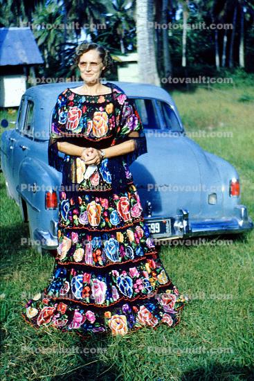 Woman, artsy dress, 1960s, Car, Automobile, Vehicle