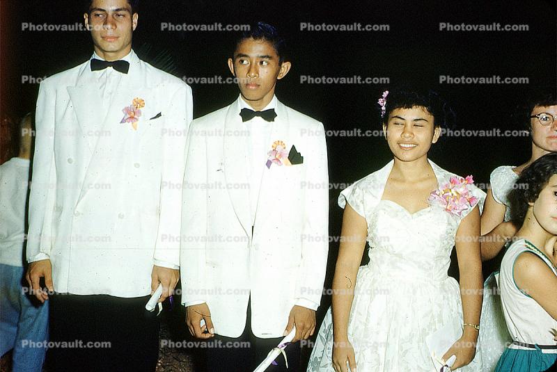 Senior High School Prom Night, Catholic School, Jacket, bow tie, dress, corsage, 1960s