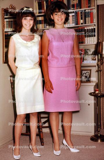 Formal Dress, high heels, Girls, smiles, smiling, bangs, bookcase, ribbon, teens, teenagers, 1960s