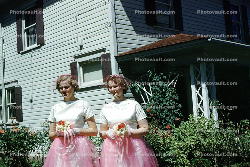 Formal Dress, Girls, sisters, corsage, 1950s