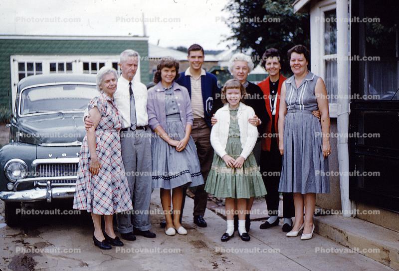 Volvo, Group, Women, Men, girls, smiles, shoes, dress, pants, Car, Automobile, Vehicle, 1960s