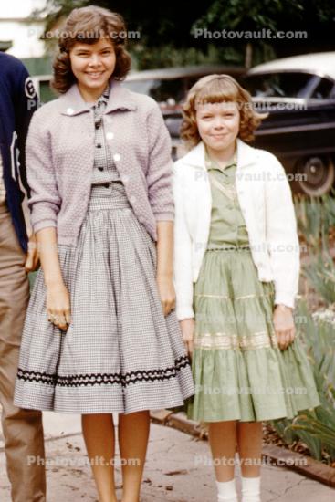 Girls, Sisters, Dress, Sweater, Smiles, 1960s