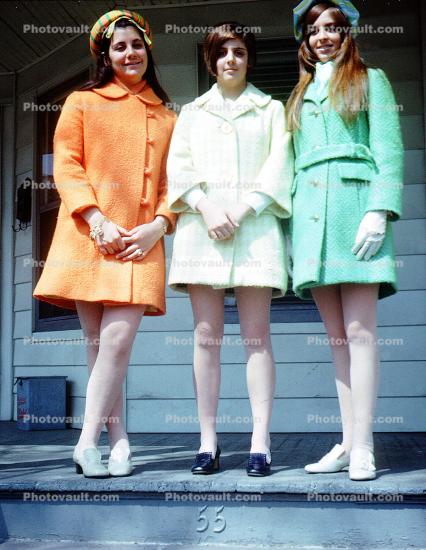 Girls, Friends, Jackets, Coats, hats, Stockings, shoes, smiles, smiling, Teens, Teenagers, 1960s
