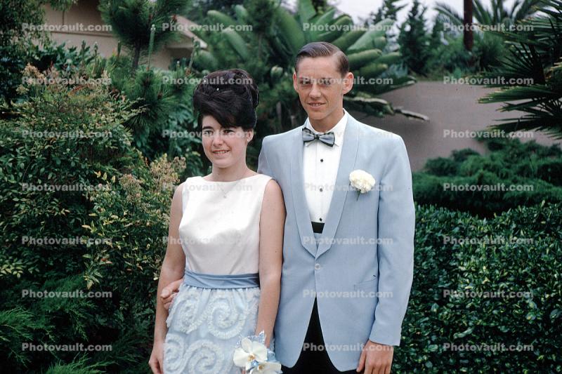 Couple, corsage, backyard, Bouffant Hairdo, Woman, Man, girl, boy, belt, 1960s