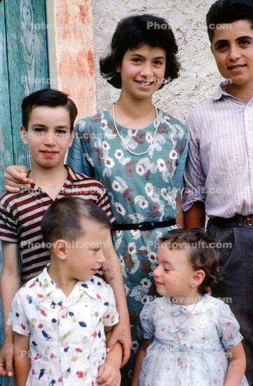 Girls, boys, teens, dress, shirt, belt, smiles, smiling, 1950s