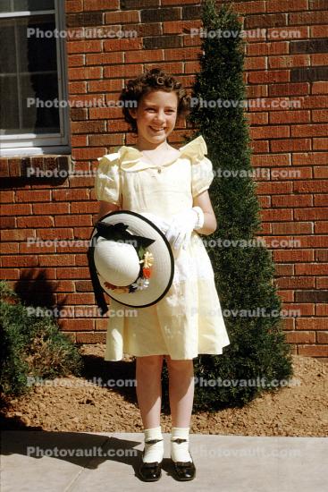 Dress and Hat, shoes, socks, Girl, smiles, tween, preteen, 1960s