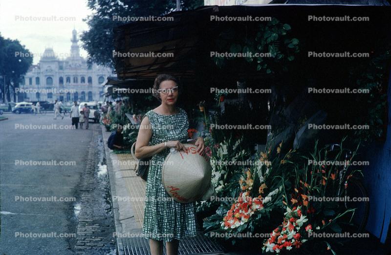 Sidewalk, flowers, Angkor, Cambodia, 1950s
