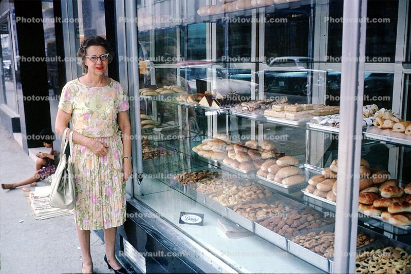 Woman, Bakery, shop, purse, dress, bread, Angkor, Cambodia, 1960s