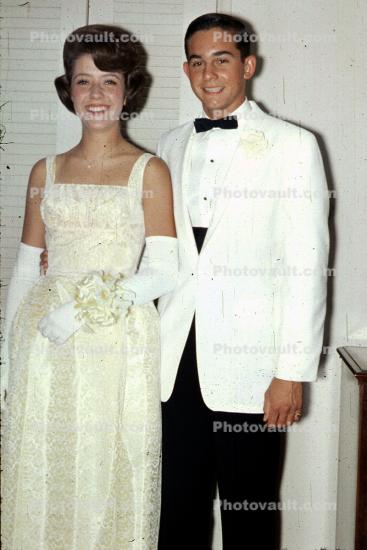 Girl, Boy, Formal Dress, gloves, bow tie, jacket, prom, corsage, 1960s