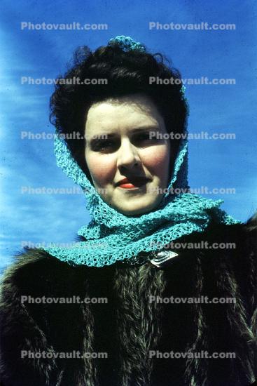 woman, scarf, fur coat, 1940s