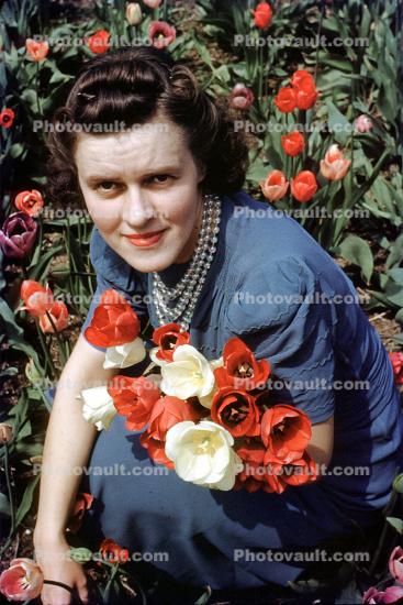 Woman with Tulips, flowers, garden, necklace, hairdo, dress, 1940s