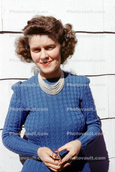 Woman, necklace, dress, hairdo, smile, face, glasses, 1940s