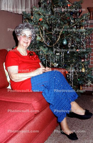 Woman, Sofa, Grandma, Smiles, Tree, 1950s