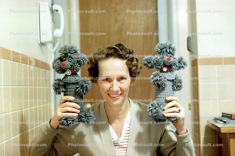Poodles, woman, smiles, funny, humorous, cute, wall phone, 1950s