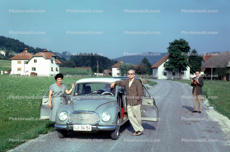 1958 Auto Union 1000 DKW, Audi, Minicar, village, houses, homes, road, highway, woman, man, Cars, vehicles, August 1961, 1960s