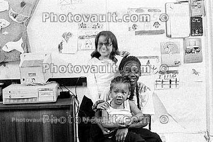 Smiling Girls, African American, computer, classroom, 1960s