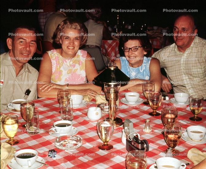 table setting, wine, coffee, men, women, party, 1960s