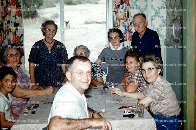table, dinning room, smiles, cloth, 1950s