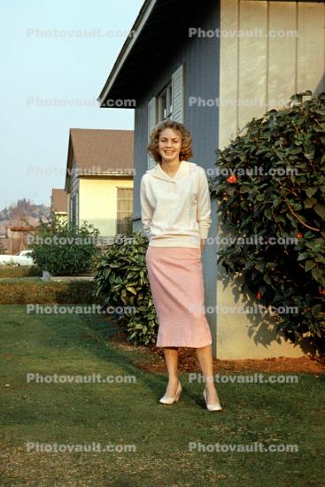 Pretty Lady, dress, house, suburbia, 1950s