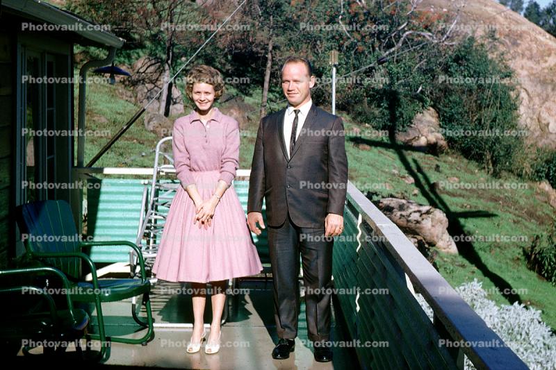 Porch, outdoors, sunny day, suit and tie, dress, formal, 1950s
