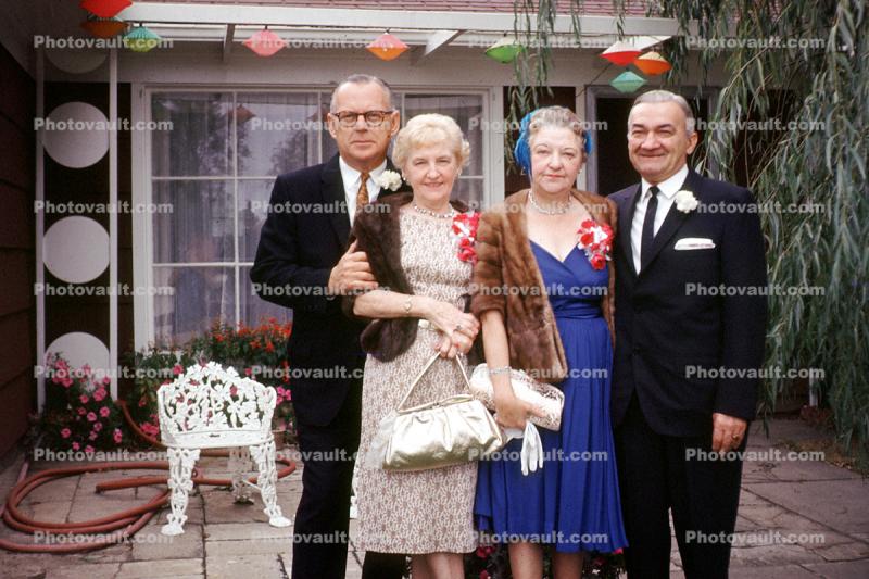 Corsage, purse, women, men, formal attire, backyard, fur coat, mink, 1950s