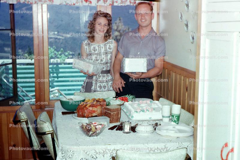 Table, food, Cake, Birthday Girl, woman, man, wife, husband, couch, 1950s