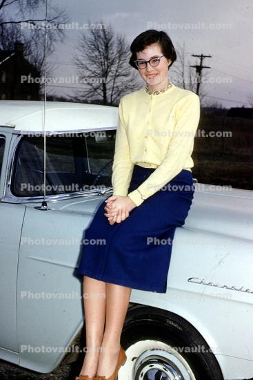 Woman sit on a Car, automobile, Akron Ohio, 1950s