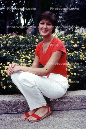 Smiles, Woman, Sandles, Feet, Pants, Arms, Flowers, 1970s