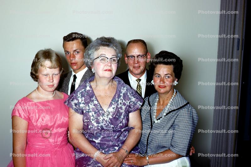 Group Portrait, Woman, Man, grandma, granddaughter, necklace, earrings, 1960s