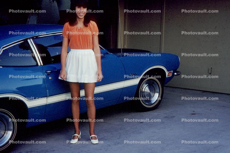 Woman, Miniskirt, Smiles, Ford Maverick, 1970s