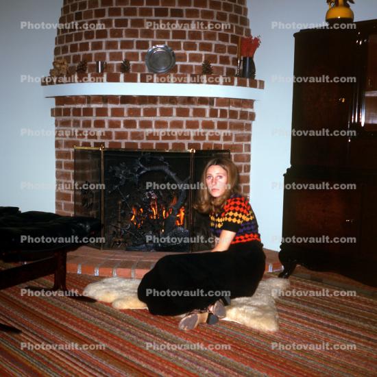 Fireplace, Woman, Carpet, Brick, Female