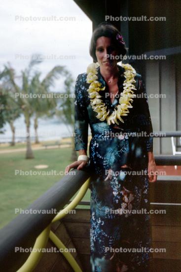 Woman, Lady, Porch, Lei, Flowers, Vacation, 1960s