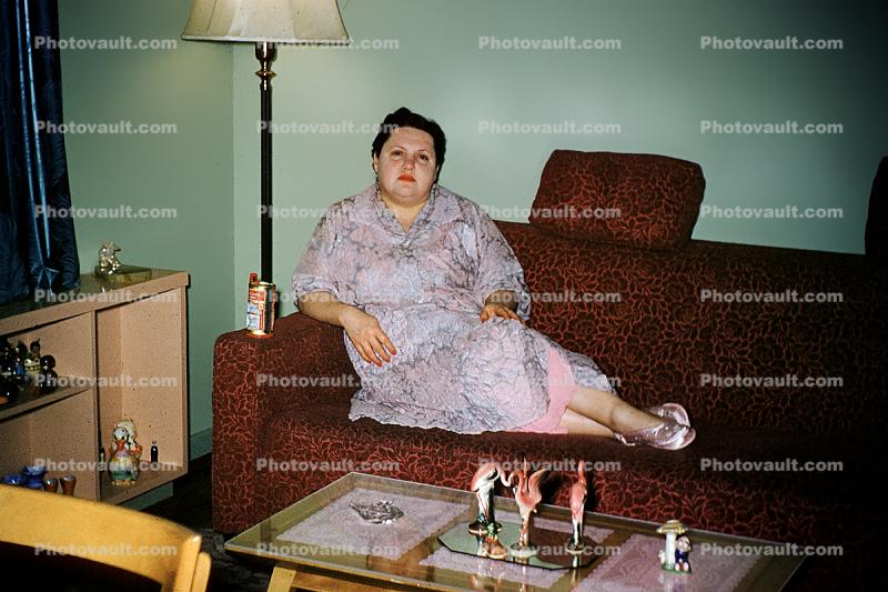 Woman, dress, couch, overweight, Adak Alaska, 1940s