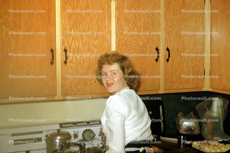 Woman, Cupboards, Stove, Shirt, Alice Bush, 1953, 1950s, Parkforest Illinois