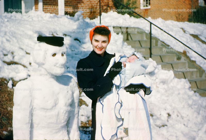 Snowoman, smiles, woman, winter, 1940s