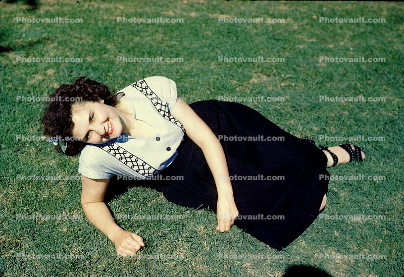 1940s, Woman, Female, Smiles, Lawn