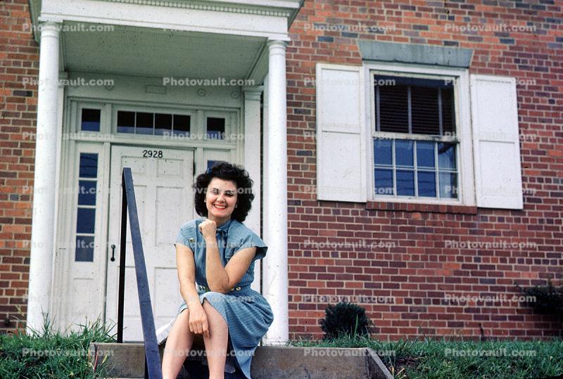Woman, Female, Smiles, Home, House, Door, Window, 1940s
