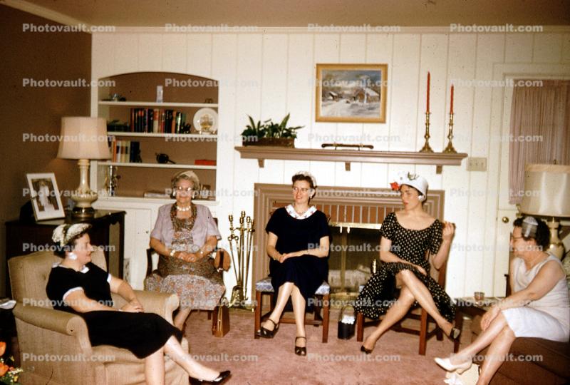 Women, Hats, Fireplace, Formal, Dress, Mantle, Candles, Lamp, Sofa, August 1960, 1960s
