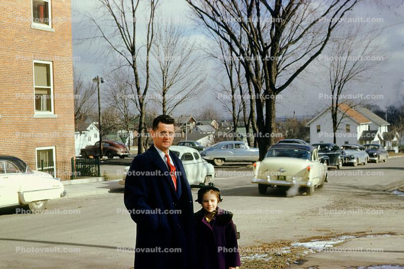Father with Daughter, Oldsmobile Car, Suburbia, Homes, 1950s
