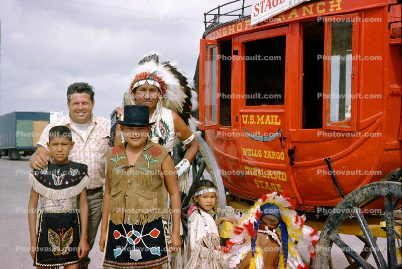 American Indian, Warbonnet, Stage Coach, Family Group, girls, mother, daughter, 1950s