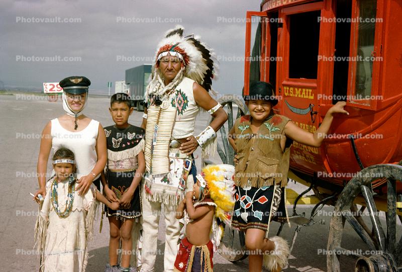 American Indian, Warbonnet, Stage Coach, Family Group, girls, mother, daughter, 1950s