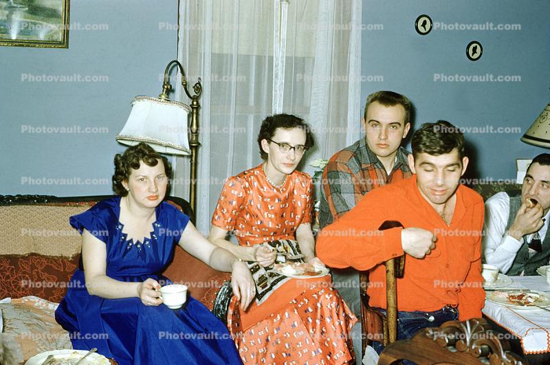 Family Group, lamp, dress, shirts, 1940s